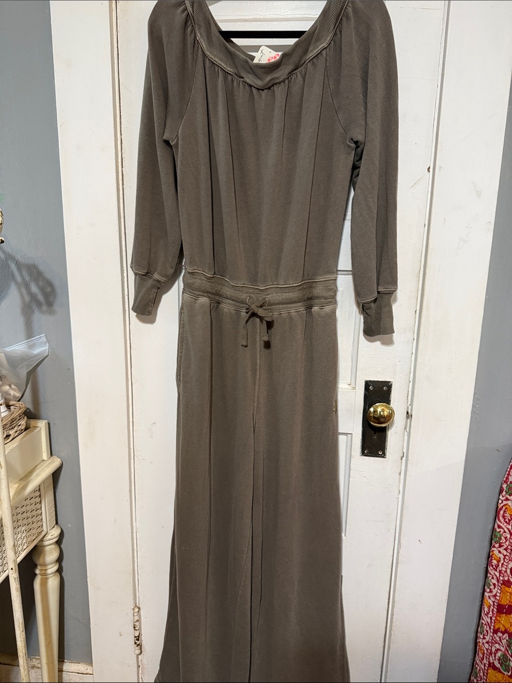 John Varvatos Taupe Long-Sleeve Drawstring-Waist Maxi Dress